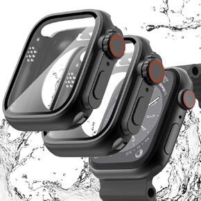 WINGLE 2 in 1 Waterproof Case for Apple Watch Series 9 8 7 45mm Screen Protector【Looks Like Apple Watch Ultra】, 2 Pack iWatch Face Cover + Back Bumper with Tempered Glass for Men, Titanium+Black