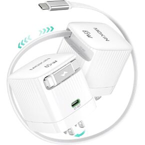 Retractable Wall Charger, 65W PD Fast USB C Charger Block with Retractable Type-C Cable, Travel Charger Fast Charging Adapter with Foldable Plug for iPhone 16/15, MacBook Air, iPad Pro, Samsung, Pixel