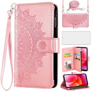 Asuwish Phone Case for Motorola Moto G Power 2022/MotoG Play 2023/G Pure 2021 Wallet Cell Cover with Screen Protector Lanyard Mandala Flower Card Holder XT2165DL XT2163DL XT2165-5 XT2271-5 Girls Blue