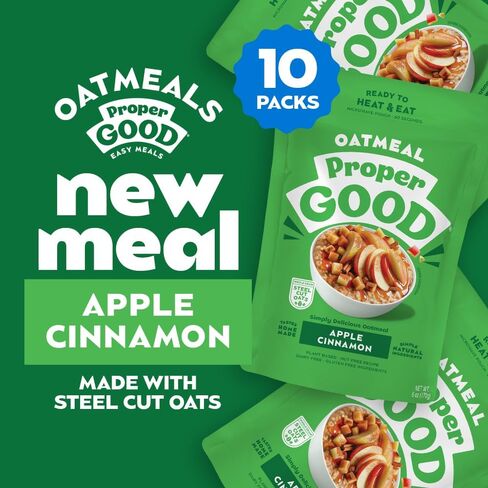 Proper Good Apple Cinnamon Oatmeal - Instant Oatmeal Ready in 60 Seconds - Quick & Easy Steel Cut Oats with Chia & Flax - High Fiber & Protein Breakfast Food - Delicious Healthy Snack - Pack of 10 in Saudi Arabia