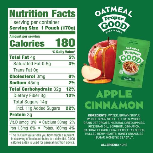 Proper Good Apple Cinnamon Oatmeal - Instant Oatmeal Ready in 60 Seconds - Quick & Easy Steel Cut Oats with Chia & Flax - High Fiber & Protein Breakfast Food - Delicious Healthy Snack - Pack of 10 in Saudi Arabia