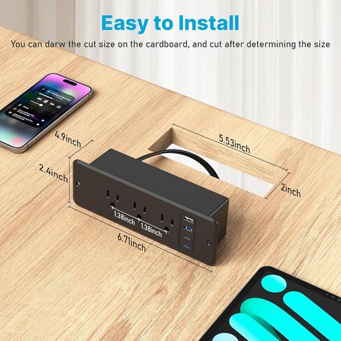 CCCEI 6 منافذ قطاع طاقة مزدوج الجانب مع منفذ USB C بقدرة 45 وات، حامل فلوش للأثاث، أسفل المكتب، منافذ متعددة أعلى سطح المكتب، محطة شحن مخفية لطاولة المؤتمرات، منضدة، أسود. 6FT. in Kuwait