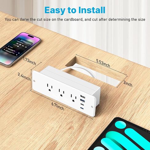 CCCEI 6 منافذ قطاع طاقة مزدوج الجانب مع منفذ USB C بقدرة 45 وات، حامل فلوش للأثاث، أسفل المكتب، منافذ متعددة أعلى سطح المكتب، محطة شحن مخفية لطاولة المؤتمرات، منضدة، أسود. 6FT. in Kuwait