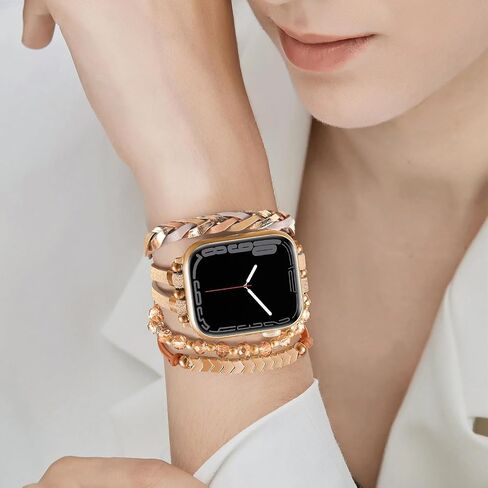 Boho Bracelet Compatible for Apple Watch Band 40mm Women, Multilayer Wrap Strap for Apple Watch 41mm 38mm, Leather Copper Pipe Apple Watch Bands for iWatch Series 10/9/8/7/6/5/4/3/2/1/SE - Khaki in Saudi Arabia