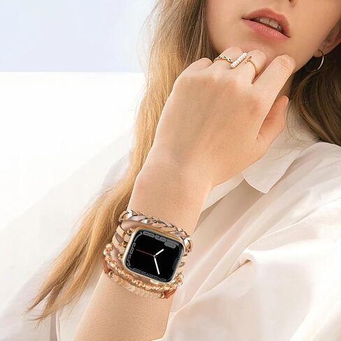 Boho Bracelet Compatible for Apple Watch Band 40mm Women, Multilayer Wrap Strap for Apple Watch 41mm 38mm, Leather Copper Pipe Apple Watch Bands for iWatch Series 10/9/8/7/6/5/4/3/2/1/SE - Khaki in Saudi Arabia