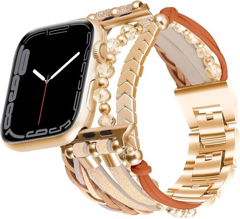 Boho Bracelet Compatible for Apple Watch Band 40mm Women, Multilayer Wrap Strap for Apple Watch 41mm 38mm, Leather Copper Pipe Apple Watch Bands for iWatch Series 10/9/8/7/6/5/4/3/2/1/SE - Khaki in Saudi Arabia