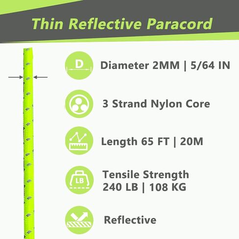 2mm Reflective Guyline Camping Paracord, 65 Feet 240lb Ultralight Thin Cord Rope for Tarp Rain Fly Tent Camping (Green) in Saudi Arabia