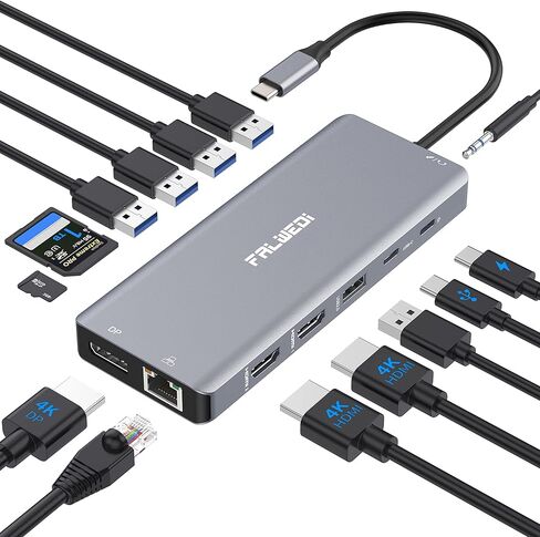 محطة إرساء الكمبيوتر المحمول بشاشة مزدوجة، 14 في 1 USB C Hub متعدد المنافذ دونجل مع 2 HDMI، DisplayPort، Ethernet، SD/TF، ​​منافذ USB C/A، PD، ميكروفون/صوت، متوافق مع MacBook Dell HP Lenovo in Kuwait