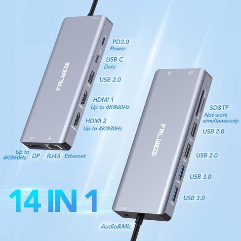 محطة إرساء الكمبيوتر المحمول بشاشة مزدوجة، 14 في 1 USB C Hub متعدد المنافذ دونجل مع 2 HDMI، DisplayPort، Ethernet، SD/TF، ​​منافذ USB C/A، PD، ميكروفون/صوت، متوافق مع MacBook Dell HP Lenovo in Kuwait