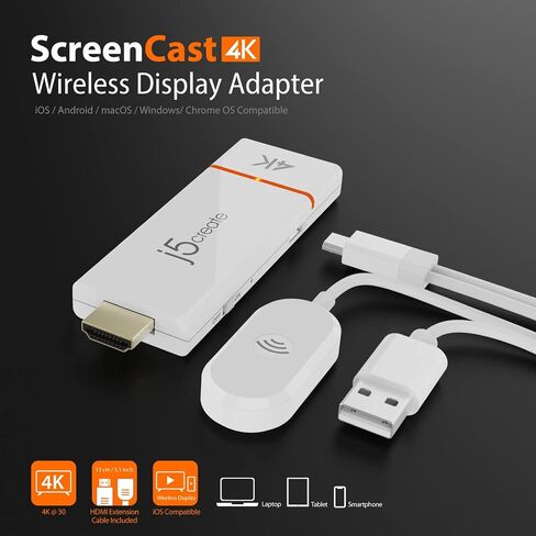 j5create ScreenCast 4K Wireless Adapter Screen Cast from Mobile Phone, Tablet, or Laptop Support for AirPlay, Miracast & Chromecast Mirror Extend for Windows & macOS Wireless (JVAW76-R) (Renewed) in Saudi Arabia