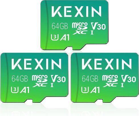 بطاقة KEXIN 64 جيجابايت Micro SD 3 حزم مع محول - ما يصل إلى 85 ميجابايت/ثانية 4K، V30، A1، C10، 4K UHD بطاقة ذاكرة microSDXC UHS-I عالية السرعة متوافقة مع كاميرا الحركة بدون طيار وحدة التحكم في الألعاب للهواتف الذكية اللوحية، 64 جرام in Kuwait