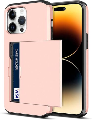 حافظة Jiunai iPhone 14 Pro، فتحة محفظة لبطاقة الائتمان وبطاقة الهوية، الحد الأدنى من الصدمات بطبقة مزدوجة هجينة مضادة للخدش واقٍ من مادة TPU لهاتف iPhone 14 Pro 6.1 بوصة 2022 ذهبي وردي in Kuwait