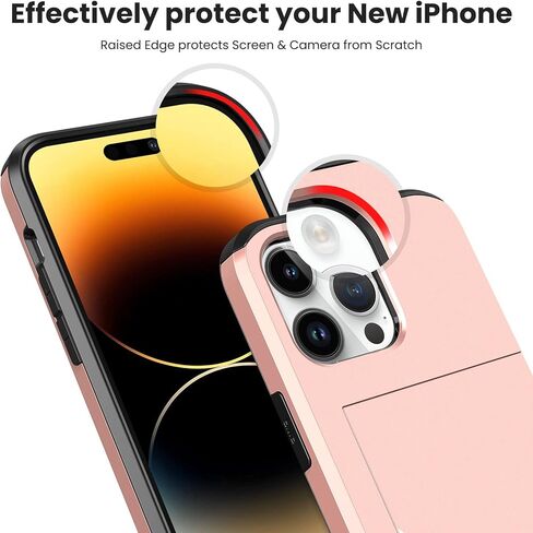 حافظة Jiunai iPhone 14 Pro، فتحة محفظة لبطاقة الائتمان وبطاقة الهوية، الحد الأدنى من الصدمات بطبقة مزدوجة هجينة مضادة للخدش واقٍ من مادة TPU لهاتف iPhone 14 Pro 6.1 بوصة 2022 ذهبي وردي in Kuwait