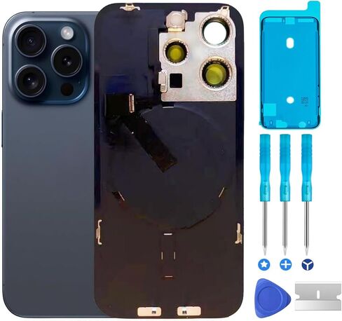 استبدال الزجاج الخلفي الأصلي 15 Pro مع لوحة وكابل مرن وجميع الأجزاء، إطار كاميرا مثبت مسبقًا لهاتف iPhone 15 Pro + أدوات إصلاح (تيتانيوم أزرق) in Kuwait