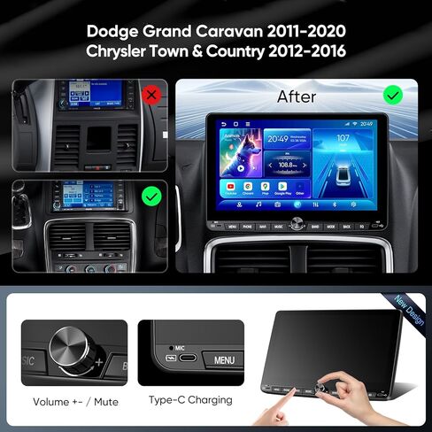 ستيريو سيارة أندرويد 10.1 بوصة لسيارة دودج جراند كارافان 2011-2020 كرايسلر تاون آند كانتري 2012-2016، لاسلكي Apple CarPlay Auto 5G WiFi Bluetooth GPS ترقية راديو 4+64 جيجابايت منافذ من النوع C in Kuwait
