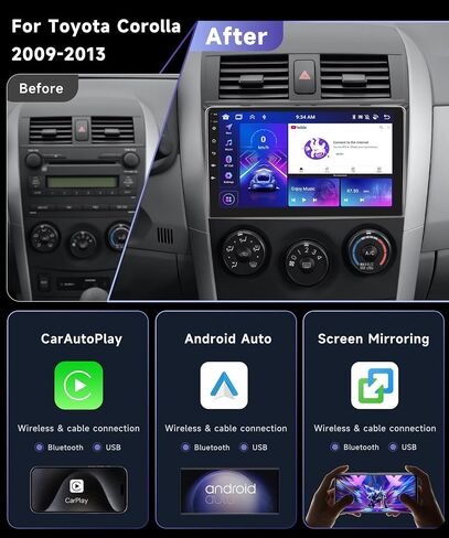 راديو 8Core 6G 128G لسيارة Toyota Corolla 2009-2013 ستيريو مع CarPlay لاسلكي/Android Auto/WiFi/9 بوصة 1280x720P QLED لمس/DSP 46EQ/BT 5.0/FM/RDS/59 UIs/MirrorLink/AHD كاميرا احتياطية in Saudi Arabia