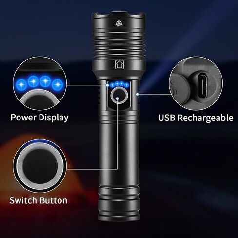 Rechargeable Flashlights High Lumens, 990000lm Super Bright Flashlight Rechargeable with 5Mode, High Powered Tactical Flashlights High Lumens, Adjustable LED Flash Light for Camping Hiking Emergencies in Saudi Arabia