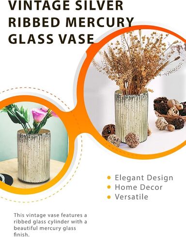Serene Spaces Living Vintage Blue Ribbed Mercury Glass Vase - Perfect for Floral Arrangements, Table Centerpiece, Home, Office, Wedding, Holiday & Special Events Decor, 5" Diameter & 6" Tall in Saudi Arabia