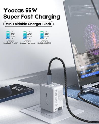 65W USB C Wall Charger, 2 Type-c Ports GaN Charger Block, PD Fast Charger for iPhone 16/15/14/Pro, iPad Pro, Pixel 7/6, 60W Power Adapter Laptop MacBook Pro/Air Charger-White in Kuwait
