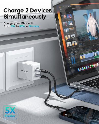 65W USB C Wall Charger, 2 Type-c Ports GaN Charger Block, PD Fast Charger for iPhone 16/15/14/Pro, iPad Pro, Pixel 7/6, 60W Power Adapter Laptop MacBook Pro/Air Charger-White in Kuwait