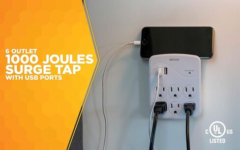 Woods 41079 جهاز حماية من التيار الزائد مع 6 منافذ ومنفذين USB من النوع A مع حماية 1000J، أبيض in Saudi Arabia