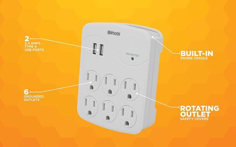 Woods 41079 جهاز حماية من التيار الزائد مع 6 منافذ ومنفذين USB من النوع A مع حماية 1000J، أبيض in Saudi Arabia
