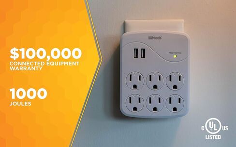 Woods 41079 جهاز حماية من التيار الزائد مع 6 منافذ ومنفذين USB من النوع A مع حماية 1000J، أبيض in Saudi Arabia