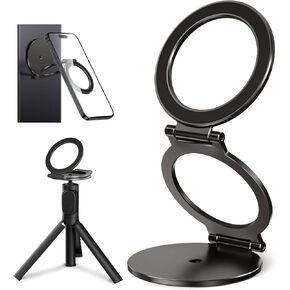Dual Magnetic Ring Phone Holder for MagSafe, 1/4" Screw Hole Tripod Mount, Attach Your Phone to Iron Object, Adjustable Gym Phone Stand for iPhone 16/15/14/13 Pro Max & All Phones