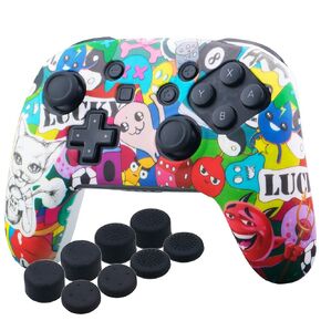 YoRHa Studded Silicone Transfer Print Cover Skin Case ONLY for Nitendo Official Switch Pro Controller x 1(Spashing Paint) with Pro Thumb Grips x 8