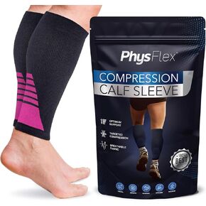 Calf Compression Sleeves for Men and Women - (1 Pair) Footless Compression Socks Support for Varicose Veins, Nursing, Pregnancy, Running - PhysFlex Leg Sleeve Brace for Shin Splints, Pain Relief and Reduces Swelling (Black, Medium)