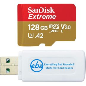 SanDisk 128GB Extreme MicroSDXC Card Compatible with Samsung Galaxy A14 5G, A24, A34 5G, A54 5G Model Phones (SDSQXAA-128G-GN6MN) Bundle with 1 Everything But Stromboli MicroSD Card Reader