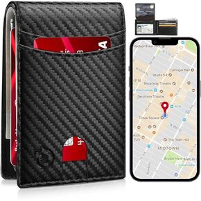 Smart Wallet For Men Work For Apple Find My (Ios Only) App, Slim Mens Wallet Tracker Bifold Credit Card Holder With 2 Id Window With Gift Box Rechargeable Battery. (Carbon &Black, IOS)