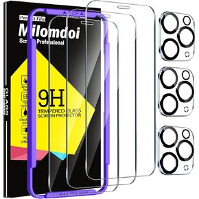 Milomdoi 3 Pack Screen Protector for Apple iPhone 11 Pro Max with 3 Pack Tempered Glass Camera Lens Protector, Ultra 9H Accessories, Case Friendly, Mounting Frame, 2.5D Curved, Transparent