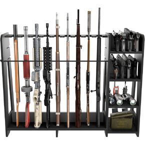 Gun Storage Racks - Freestanding Floor Wooden Rifle Rack with Pistol Shelves, 9+8 Slots Adjustable Height Storage Solutions and Gun Room Display Stand, Holds up to 9 Long Guns and 8 Handguns