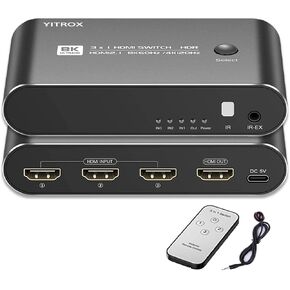 HDMI Switch 3 in 1 Out 8K 60Hz, 4K 144Hz, 4K 120Hz, HDMI 2.1 Switcher, Aluminum Shell, Compatible with PS4/PS5, Xbox, Fire Stick, Apple TV, Roku, HD TV