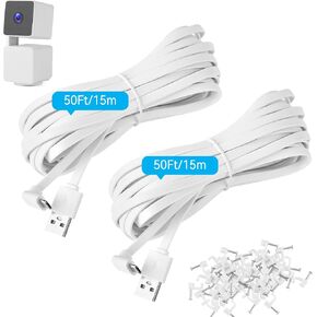 Uogw 50FT Extension Cable for WYZE Cam Pan V3, USB to 90 Degree Micro USB Extension Charging Cable for WYZE Cam Pan V3,L-Shaped Flat Power Cord (White)-2PACK