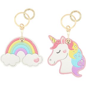 2 Pack for Airtag Cute Keychain Holder for Women, Kawaii Leather Unicorn Rainbow Key Ring Hidden Case Cover