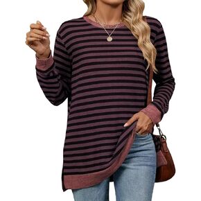 WELINCO Womens Crewneck Pullovers Color Block Long Sleeve Side Split Tunic Tops