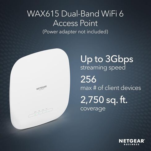 نقطة وصول لاسلكية NETGEAR WAX615 Wi-Fi 6 ثنائية النطاق | 2.4 جيجا هرتز، 5 جيجا هرتز | قابل للتركيب على الحائط والسقف | يتضمن أيضًا دعم ضمان Cloud Care لمدة 3 سنوات in Kuwait