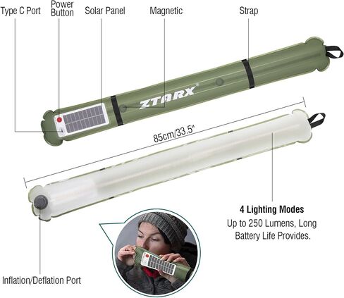 Solar Camping Lights Bars 33.5IN/85CM Tent Lights Rechargeable 4000mAh Foldable Inflatable for Outdoor IP66 Waterproof LED Tube Light for Camping, Hiking, Travel and More in Saudi Arabia