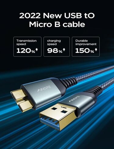 كابل محرك الأقراص الصلبة الخارجي AINOPE بطول 3.3 أقدام، سلك نقل بيانات سريع مضفر من النايلون المتين، كابل Micro B إلى USB 3.0 متوافق مع Samsung Galaxy S5/Note 3/Note Pro 12.2، كاميرا Canon، محرك الأقراص الصلبة Seagate in Kuwait