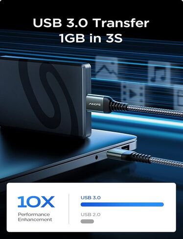 كابل محرك الأقراص الصلبة الخارجي AINOPE بطول 3.3 أقدام، سلك نقل بيانات سريع مضفر من النايلون المتين، كابل Micro B إلى USB 3.0 متوافق مع Samsung Galaxy S5/Note 3/Note Pro 12.2، كاميرا Canon، محرك الأقراص الصلبة Seagate in Kuwait