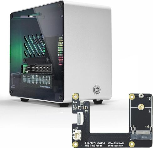 ElectroCookie Raspberry Pi 5 Case, Aluminum Mini Tower Case with M.2 NVMe SSD PCIe HAT and Active RGB Lighting Cooler (Silver) in Kuwait