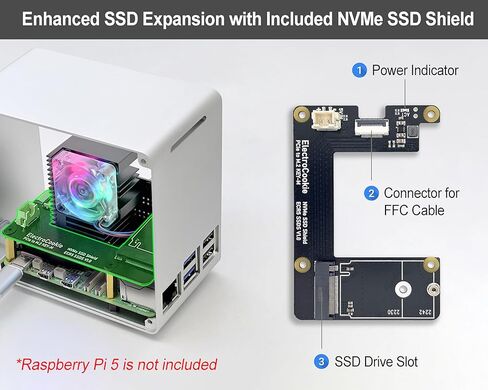 ElectroCookie Raspberry Pi 5 Case, Aluminum Mini Tower Case with M.2 NVMe SSD PCIe HAT and Active RGB Lighting Cooler (Silver) in Kuwait