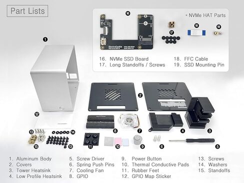 ElectroCookie Raspberry Pi 5 Case, Aluminum Mini Tower Case with M.2 NVMe SSD PCIe HAT and Active RGB Lighting Cooler (Silver) in Kuwait