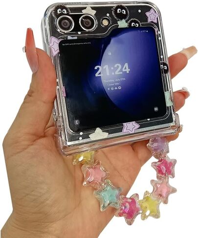 حافظة بحزام للفتيات لهاتف Galaxy Z Flip 6 مع نجوم وتصميم لطيف، حافظة معصم نسائية جميلة لهاتف Samsung Galaxy Z Flip 6 Kawaii Cartoon Soot، حافظة حماية بمفصلات جرلي لهاتف Z Flip 6 شفافة in Kuwait