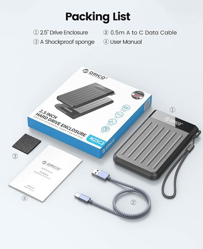 حاوية محرك الأقراص الصلبة ORICO مقاس 2.5 بوصة، حاوية محرك الأقراص الصلبة USB C 3.2 Gen 2 إلى SATA 3.0 بسرعة 6 جيجابت في الثانية مع كابل USB C مطور لـ WD Seagate Toshiba Samsung SSD HDD أثناء سفر الأعمال، رمادي [M25C3] in Saudi Arabia