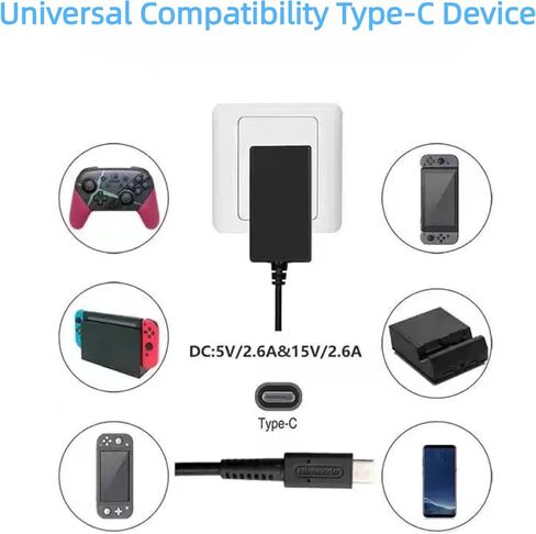 شاحن لجهاز نينتندو سويتش، شاحن نينتندو سويتش 15 فولت 2.6 أمبير - مع كابل USB من النوع C بطول 5 أقدام، شحن سريع مناسب للتبديل/LITE/OLED، يدعم وضع التلفزيون ومحطة الإرساء باللون الأسود in Saudi Arabia