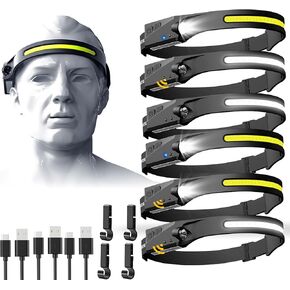 Rechargeable Headlamp 6 PCS, 230°Beam Headlamp for Adults, 6 Mode Camping Headlamp & Spotlight, Motion Sensor, Lightweight Headlights Flashlight for Hardhat, Running