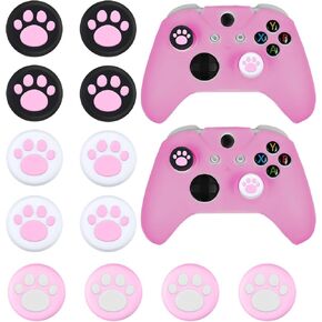 Chalyna 14 Pcs Controller Skins Anti-Slip Accessories Set Silicone Cover Protector Case Compatible with Xbox One/S/X Controller Wireless/Wired Gamepad Joystick with 12 Cat Paw Thumb Grips (Pink)